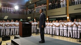 Republican presidential candidate Mitt Romney greeted cadets prior to a foreign policy speech Monday at the Virginia Military Institute in Lexington, Va.