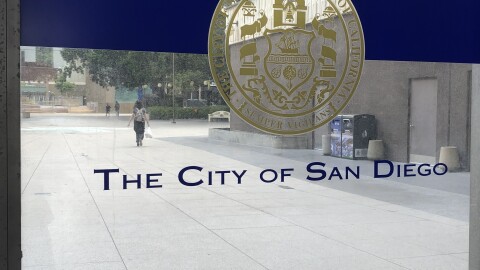 The City of San Diego sign is pictured at San Diego City Hall, June 15, 2021. 