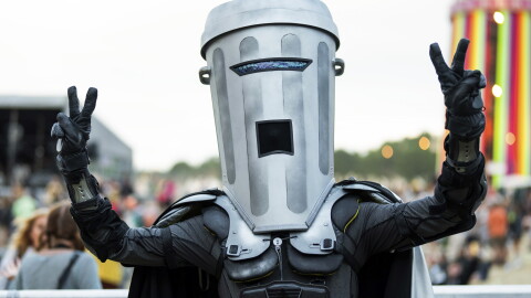 Count Binface, a candidate in the Clacton-on-Sea by-election, poses for photographers at the Glastonbury Festival, Somerset, England, June 29, 2024.