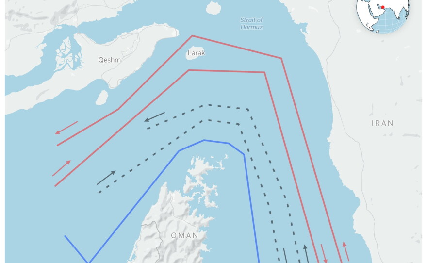 Map showing multiple possible shipping routes through the Strait of Hormuz.