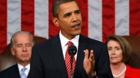 President Obama addresses a joint session of Congress on Wednesday night at the U.S. Capitol as Vice President Biden and House Speaker Nancy Pelosi look on.