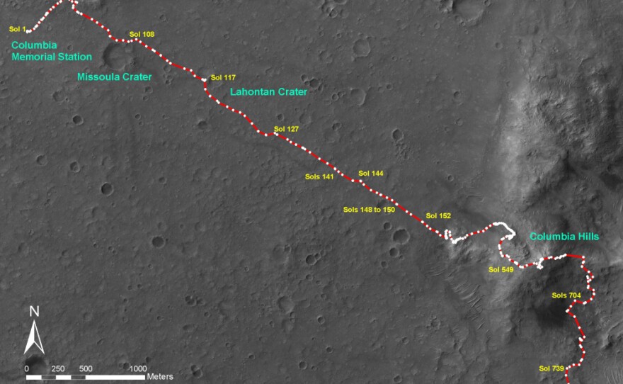 NASA hoped that Spirit would complete a 90-sol mission (90 Mars days). By 2010, Spirit had been operating for more than six Earth years, and had driven 4.8 miles — 12 times the planned distance -- to visit craters and summit a distant hill. This map follows Spirit's path from its arrival in 2004 to Martian day 1506, in 2008.