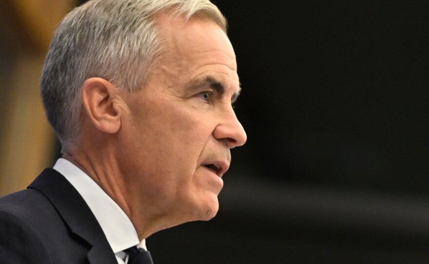 Canada's Prime Minister Mark Carney speaks during a press conference at the European Parliament in Strasbourg, eastern France, Thursday.