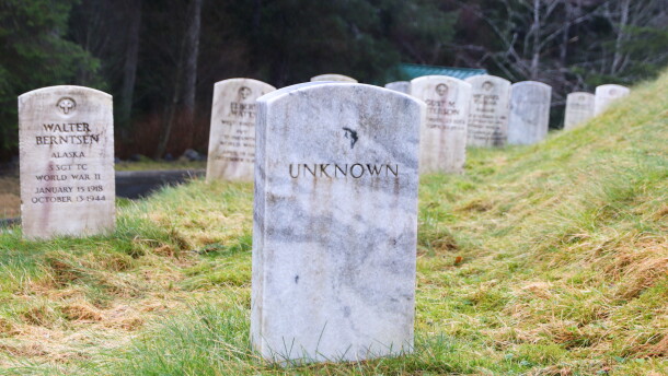 The headstone of an unidentified soldier known as "X-3" is marked as "Unknown" at the Sitka National Cemetery in Sitka, Alaska.