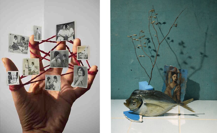 Left: Indian student photographer Sachi Deshmukh tangled her hand with yarn and old photos of her father. They "stand for the present, which is trying to connect with the past," she writes. Right: Belarusian photographer Maryia Sapego's still life consists of a fish, a sponge and a small painting, among other objects.