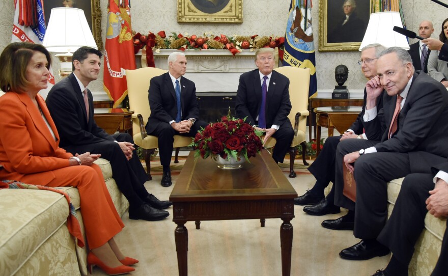 President Trump and Vice President Pence meet with Congressional leadership including House Minority Leader Rep. Nancy Pelosi, D-Calif., House Speaker Paul Ryan, R-Wisc., Senate Majority Leader Mitch McConnell, R-Ky., and Sen. Chuck Schumer, D-N.Y., in the Oval Office on Thursday.