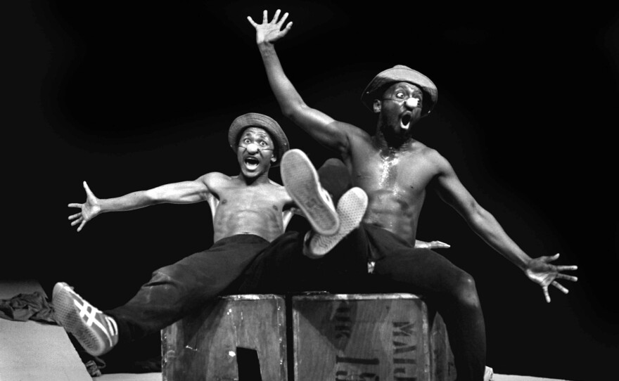 Performers Percy Mtwa, left, and Mbongeni Ngema in a scene from "Woza Albert" at the Market Theatre in Johannesburg, South Africa, in 1981.