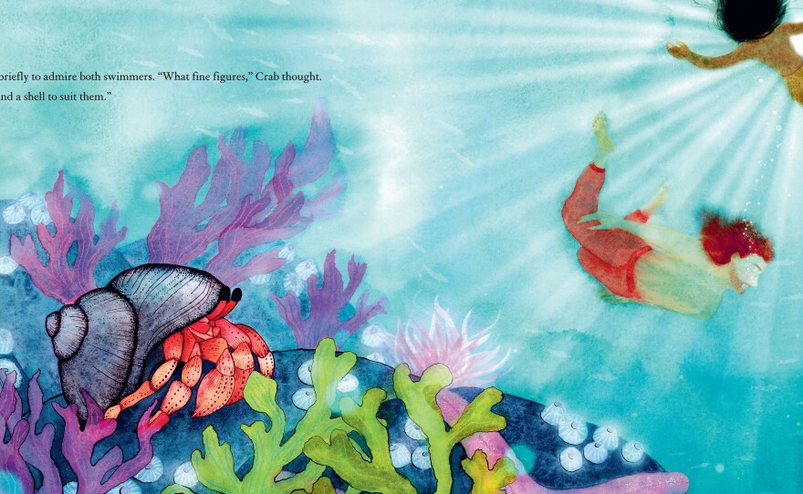 Crab woke briefly to admire both swimmers. "What fine figures," Crab thought. "They each found a shell to suit them."