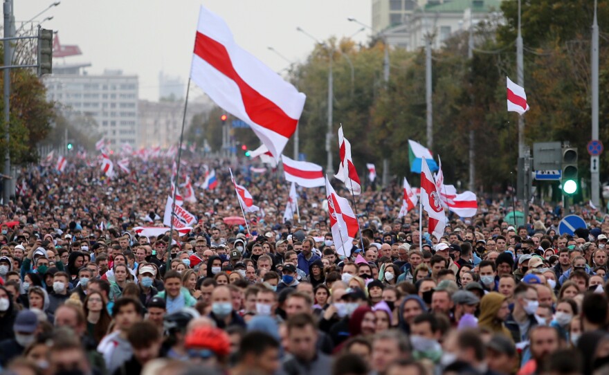 A September 2020 photo of demonstrators in Minsk protesting Belarus's disputed presidential election.