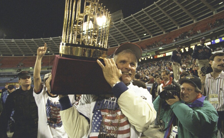 Turner hoisted the Commissioner's Trophy after his Atlanta Braves won the 1995 World Series against the Cleveland Indians.