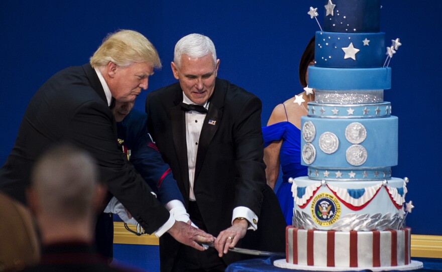 President Trump and Vice President Pence concluded the third ball of the evening by cutting a giant cake with a saber.