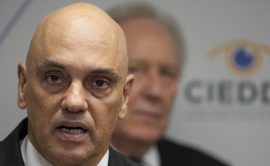 President of the Superior Electoral Court of Brazil, Judge Alexandre de Moraes, speaks during the inauguration of the Center for Combating Disinformation and Defense of Democracy in Brasilia, Brazil, March 12. The Brazilian Supreme Court justice has included Elon Musk as a target in an ongoing investigation.