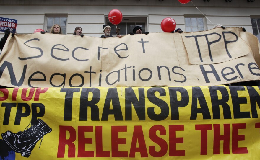 Environmentalists from the Sierra Club, union members with the Communications Workers of America and even a few members of Code Pink gather to protest the Trans-Pacific Partnership Negotiations in Washington, D.C., on Monday.