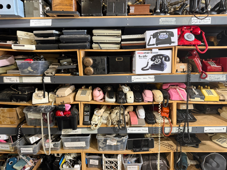 Telephones from different eras, along with answering machines, are stored in the props warehouse at La Jolla Playhouse, March 23, 2026.