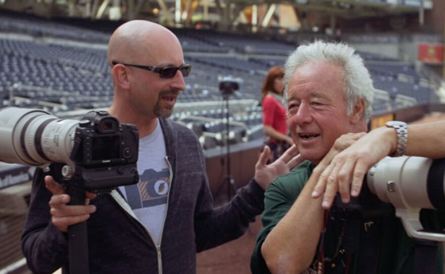 Tim Mantoani with Lenny Ignelzi covering the Padres at Petco Park, 2014.