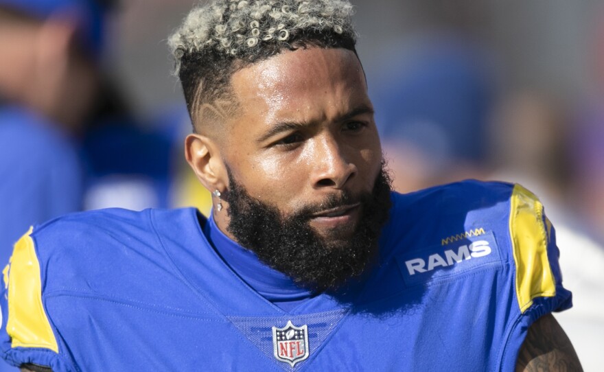 Wide receiver Odell Beckham Jr. is shown walking on the sideline during a NFL divisional playoff football game against the Tampa Bay Buccaneers on Jan. 23, 2022, in Tampa, Fla.