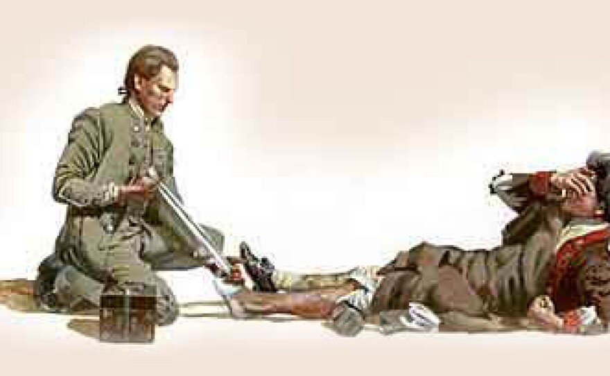 Illustration of a doctor working on a soldier during the Revolutionary War