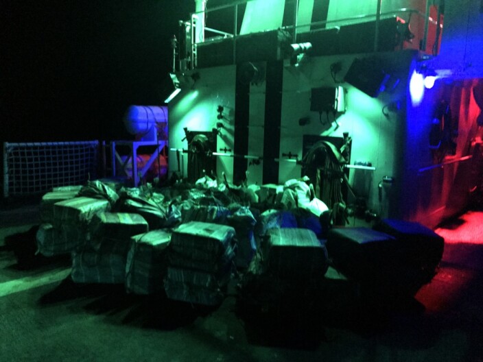 Bales of contraband lie stacked on the Coast Guard Cutter Steadfast’s flight deck, July 18, 2019. The bales of contraband were the results of two separate drug-smuggling interdictions made by Steadfast and Coast Guard Cutter Robert Ward crewmembers who were patrolling international waters of the Eastern Pacific Ocean during counter-drug deployments to the region.