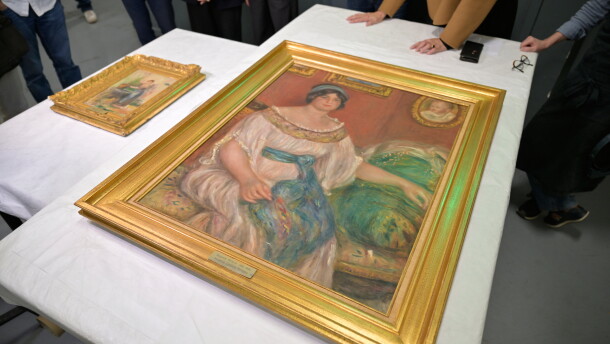 Recovered paintings "Portrait of Madame Colonna Romano", right, and "Young Woman at the Well," stolen from the Renoir Museum in Cagnes-sur-Mer are on display at the Interdisciplinary Centre for the Conservation and Restoration of Heritage in Marseille, France, Monday Oct. 12, 2026.