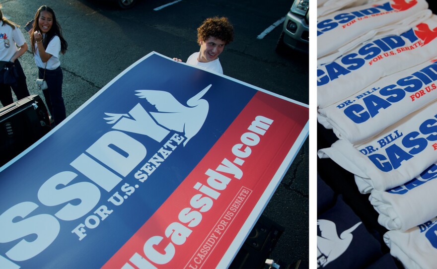 Interns load signs into their trucks after a campaign event in Baton Rouge, La.; t-shirts are seen during the campaign event for Sen. Bill Cassidy.