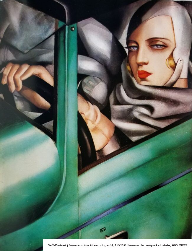 Tamara de Lempicka's iconic "Self-Portrait (Tamara in Green Bugatti)" is one of the Polish artist's most famous painting. 1929.