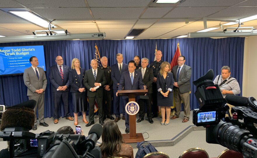 San Diego Mayor Todd Gloria is shown speaking at a news conference at San Diego City Hall on April 15, 2026.
