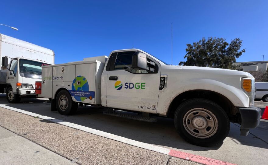 A SDG&E work truck parked on the San Diego State University campus. Jan. 19, 2023.