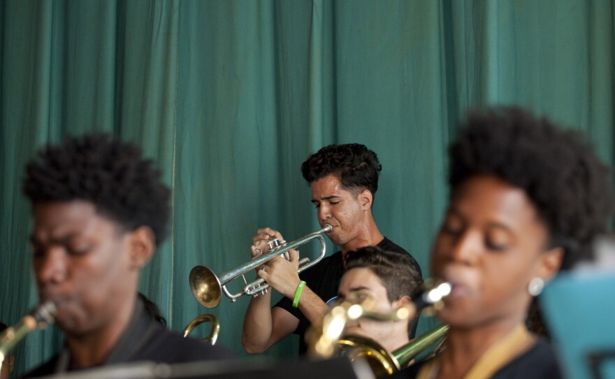 Cuban musicians from the Trombone Shorty Foundation play at the Amadeo Roldan Conservatory.