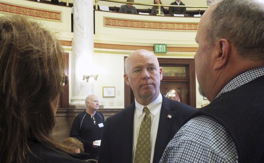 Technology entrepreneur Greg Gianforte speaks to Republican delegates before a candidate forum in Helena, Mont., last month.