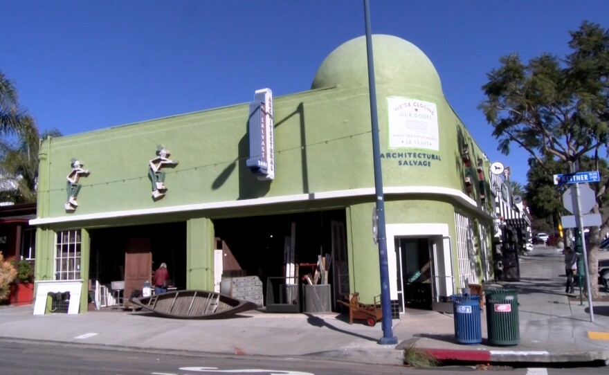 An exterior picture of Architectural Salvage on the corner of Kettner & Kalmia in Little Italy, is shown on Jan. 11, 2024.