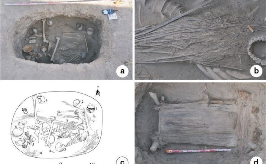 The tomb where scientists found the cannabis plants. The first layer is shown in (a). (b) shows a close-up view of the shroud. (c) is a line drawing of the contents, and (d) shows the bottom layer.