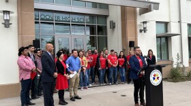 Kyle Weinberg, president of the San Diego Education Association, speaks at a joint news conference, Monday, with Board trustees of the San Diego Unified School District, San Diego, Calif., June 12, 2023. 