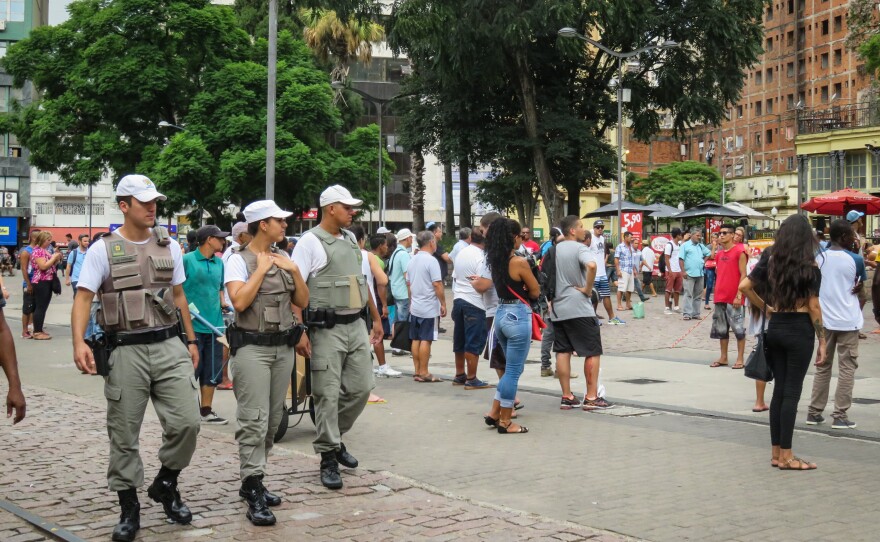 Military police patrol the streets of downtown Porto Alegre amid growing concern over rising crime.