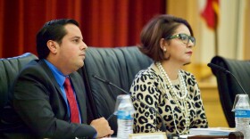 San Ysidro School District Board President Rosaleah Pallasigue and Board Member Antonio Martinez listen to public comment during a recent school board meeting, Oct. 12, 2017