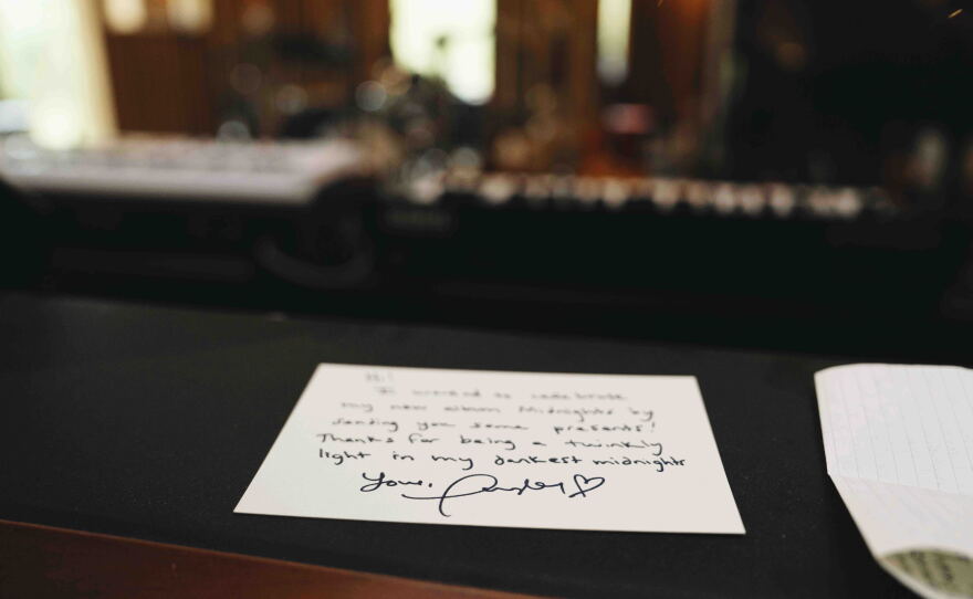 A note from Taylor Swift is left on Dessner's audio console.