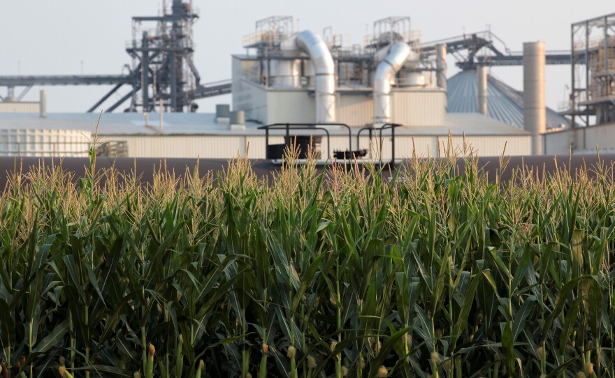 Project developers plan to build carbon capture pipelines connecting dozens of Midwestern ethanol refineries, such as this one in Chancellor, S.D., shown on July 22, 2021.