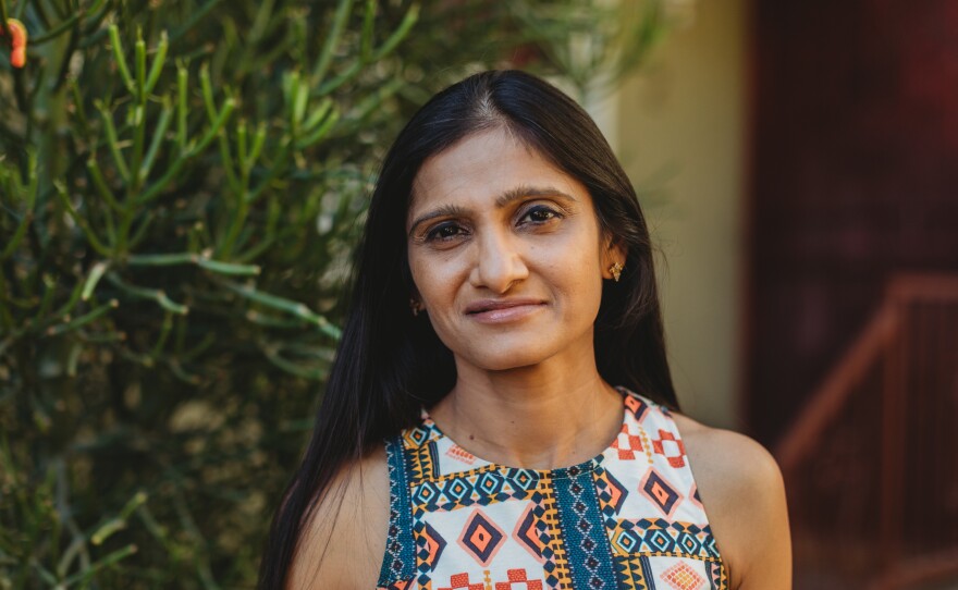 Nimisha Lotia outside the family's home in Los Angeles.