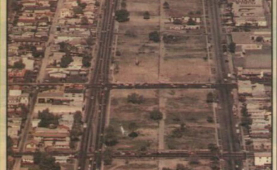 An undated newspaper clipping shows residential lots in City Heights cleared in preparation for construction of Interstate 15. 