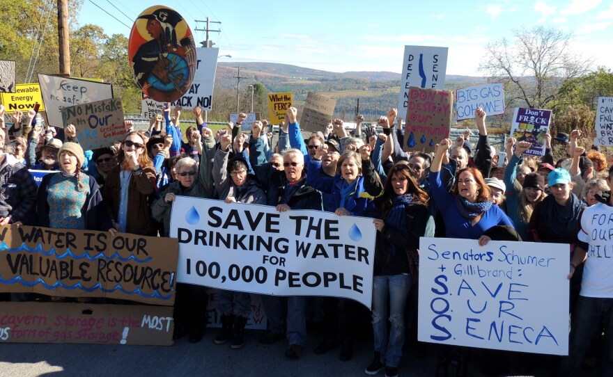 At an October protest, hundreds of "We Are Seneca Lake" members block the gates of Crestwood Midstream to protest against the expansion of fracked gas storage in the Finger Lakes.