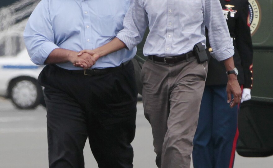 President Obama and New Jersey Gov. Chris Christie meet to tour damage from another storm, Hurricane Irene, on Sept. 4, 2011.