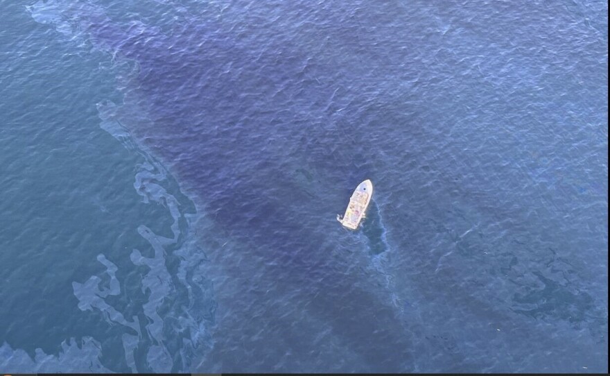 This photo provided by the U.S. Coast Guard shows an oil sheen observed offshore of Huntington Beach, Calif. on Friday, March 8, 2024. Authorities have detected a 2.5-mile (4 kilometer) long oil sheen off the coast of Southern California. They said it doesn't appear to be a crude spill and are investigating the cause.