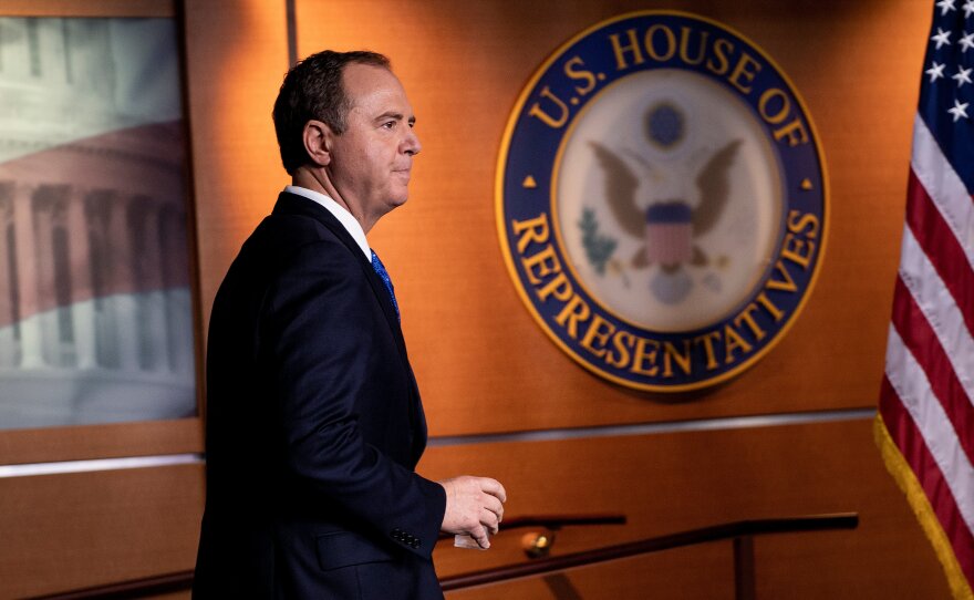 House intelligence committee Chairman Rep. Adam Schiff, D-Calif., arrives for a news conference on Capitol Hill on Wednesday. His committee has released a whistleblower complaint raising concern about President Trump.