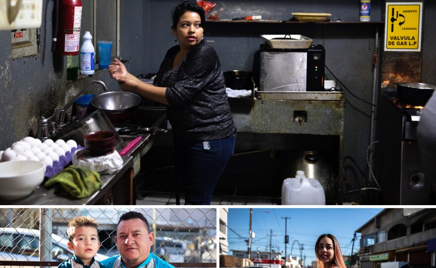 Top: Mitxy Mejía washes up before hauling stew to the shelter. She was the last of her family to reach Tijuana after they all left the crisis-stricken Honduran city of San Pedro Sula. "It's painful to see our <em>paisanos</em> forced from their homes, but I understand why they fled," she says. Left: José Aguilar with his son Jaden. Right: Lilian Mejía, Aguilar's wife, on her way to the market.