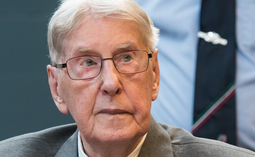 Former Auschwitz guard Reinhold Hanning on the last day of his trial for being an accessory to the murder of 170,000 people at the camp in Nazi-occupied Poland. The 94-year-old was found guilty.