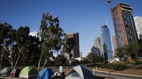 Tents housing homeless people are dwarfed by tall buildings including the Wilshire Grand Center, fourth building from right, Thursday, in downtown Los Angeles, June 22, 2017. 