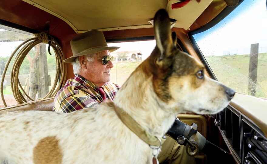 Don Criswell, accompanied by his dog Tucker, drives on Criswell Ranch, Wednesday, Oct. 25, 2023, in Paradise, Calif. Criswell and his wife fought to save structures as the Camp Fire tore through their ranch in 2018.