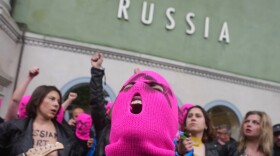 Pussy Riot and FEMEN activists protest Russia's presence after its absence following the 2022 invasion of Ukraine in front of the Russian pavilion at the 2026 Art Venice Biennale in Venice, Italy, on May 6, 2026.