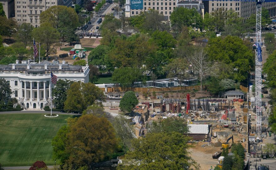 Work continues on the construction of the ballroom at the White House, Thursday, April 9, 2026, in Washington, where the East Wing once stood.