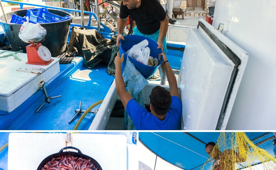 Top: Fisherman Dimitris Achladiotis and his son work on their boat after docking at the port of Kastellorizo. Left: Shrimp caught in the sea between Kastellorizo and Turkey. Right: Sayid Emasha, an Egyptian fisherman who has worked with Achladiotis for six years.