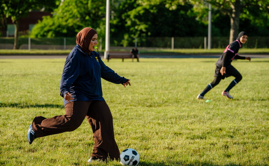 The Michigan FC girls' team coach Zhraa Hamidy at a practice in Dearborn, Mich. on June 11, 2026.